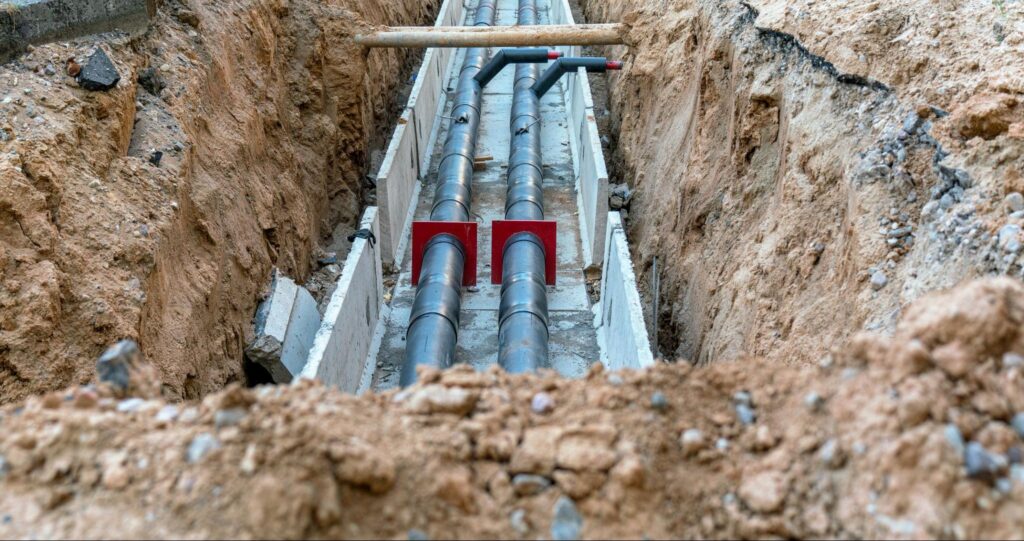 Open utility trench dug to grade with pipe bedded before backfill.