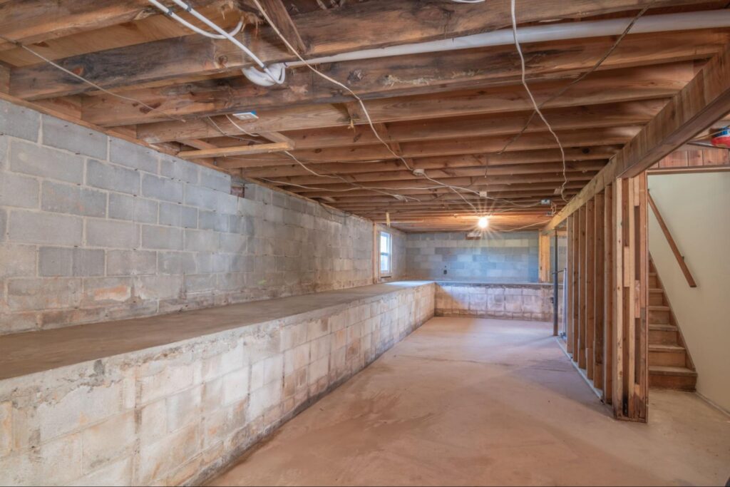 Full-height basement space with bench footing along the wall after basement excavation in the Treasure Valley.